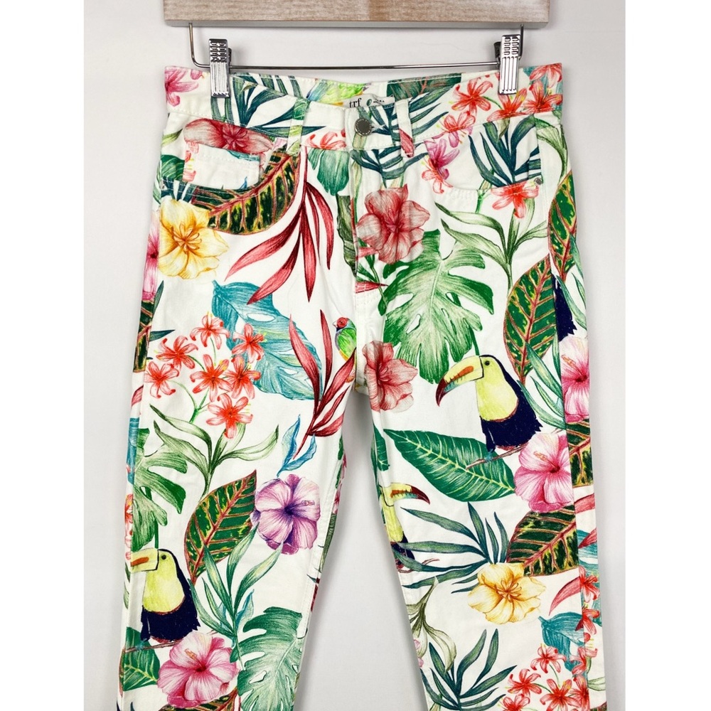 Zara Womens Pants 4 White Tropical Coastal Print Denim Straight Leg Crop Jeans - Picture 5 of 11